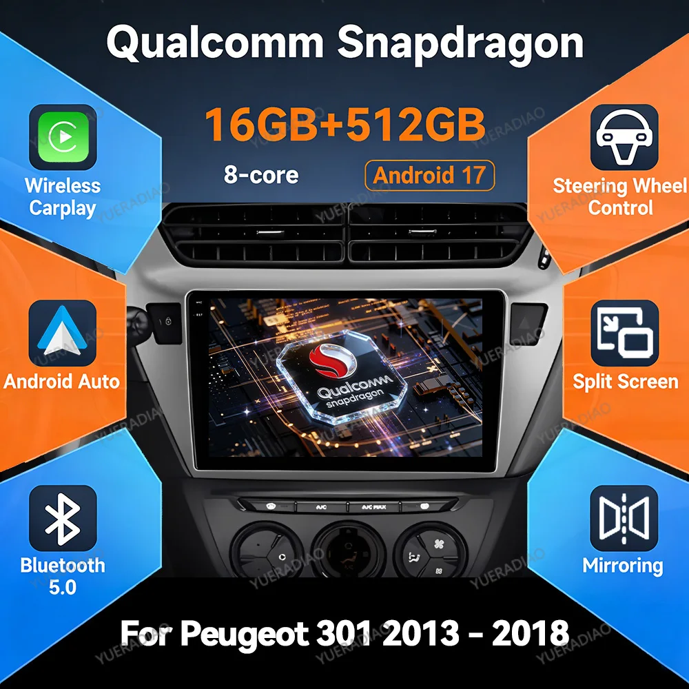 

Android 17 Car Radio For Peugeot 301 Citroen Elysee 2013 - 2018 Qualcomm Multimedia Viedo Player NAVI GPS 4G WIFI Head Unit QLED
