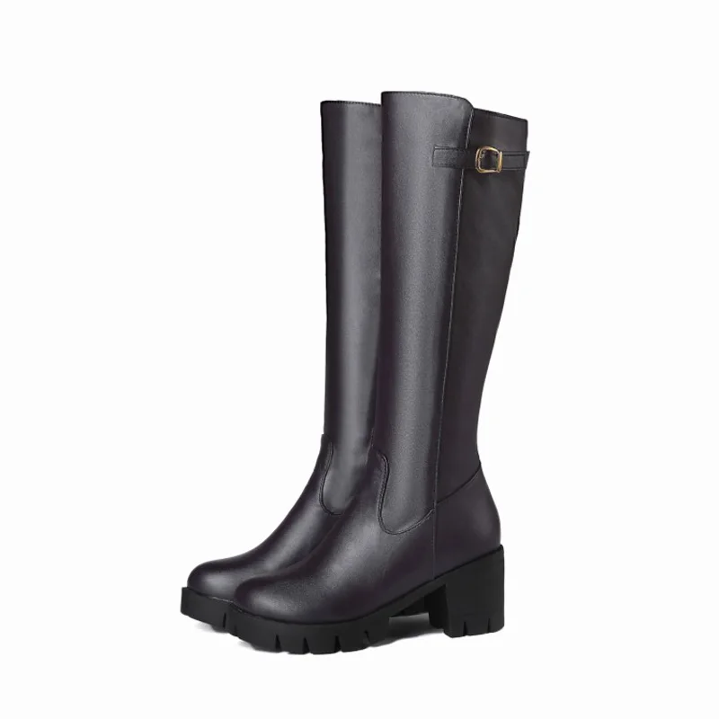 Big Size 11 12 13 14 15 Simple side zipper rider boot with middle heel Lady's high boots with thick square heels