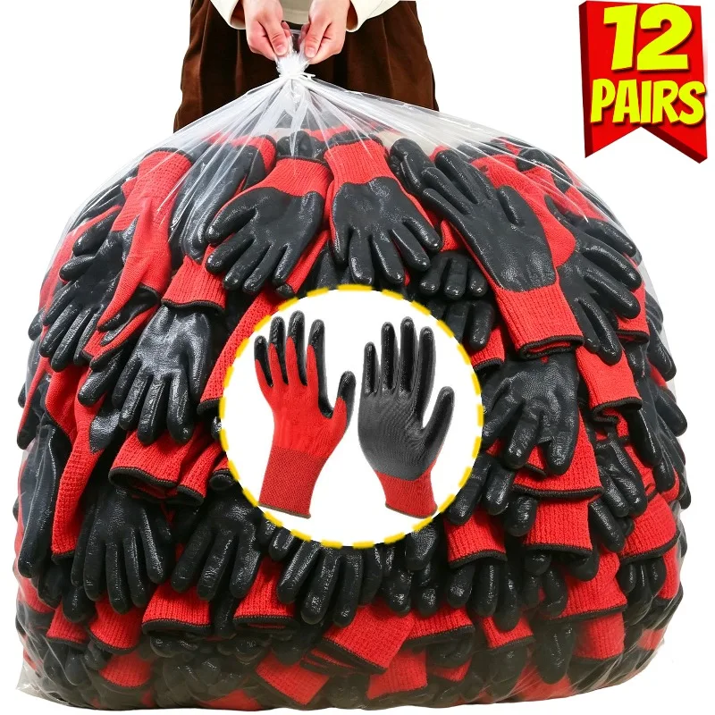 1/12Pairs Non-slip Nitrile Coated Gloves PU Coated Anti-Slip Safety Labor Mittens Men Women Handling Construction Work Gloves