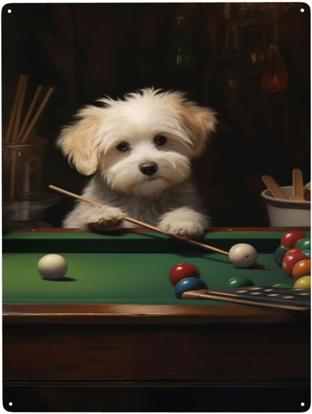 Adorable Puppy Billiards Metal Tin Sign for Billiards Arena,Game Room,Bar,Man Cave Cute Home Decor Wall Art Retro Antique Tinpla