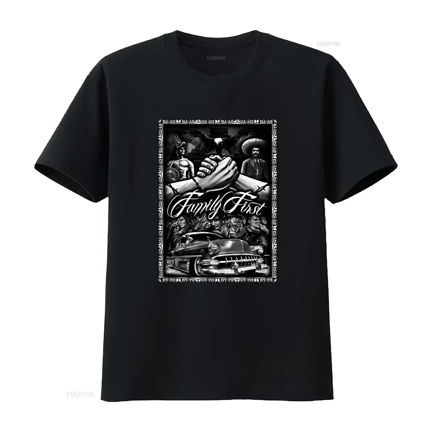 Family First Chicano Low Rider Mens Heavyweight T Shirt Unique Design on Shaka Wear vintage Washed Breathable Comfortable