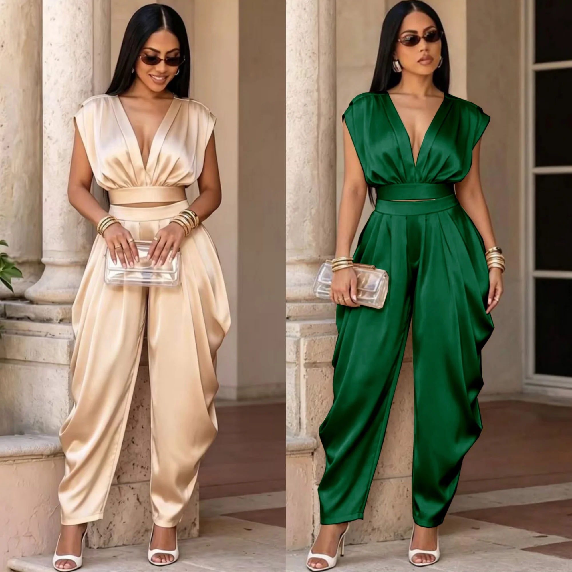 HLJ Women 2 Piece Outfit Deep V Neck Cap Sleeve Crop Top and High Waist Wide Leg Pants Set Matching Elegant Streetwear Summer