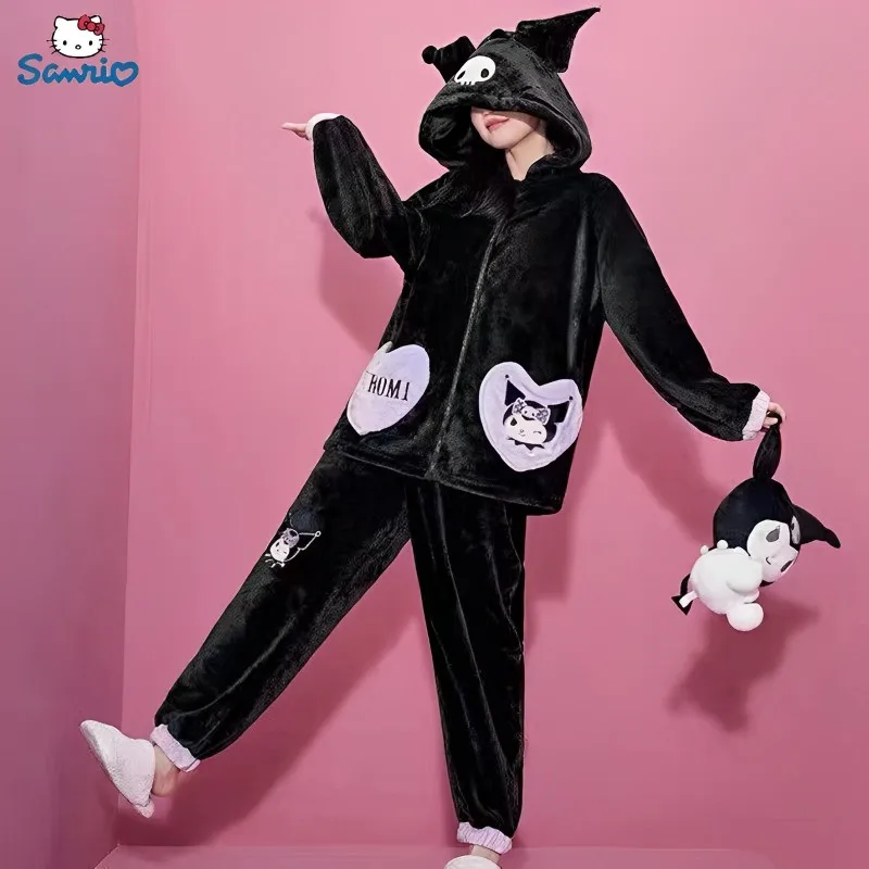 Miniso Halloween Style New Sanrio Kuromi Women\'s Black Homewear Two Piece Set Kawaii\'s Flannel Long Sleeve Pajama Set Gift