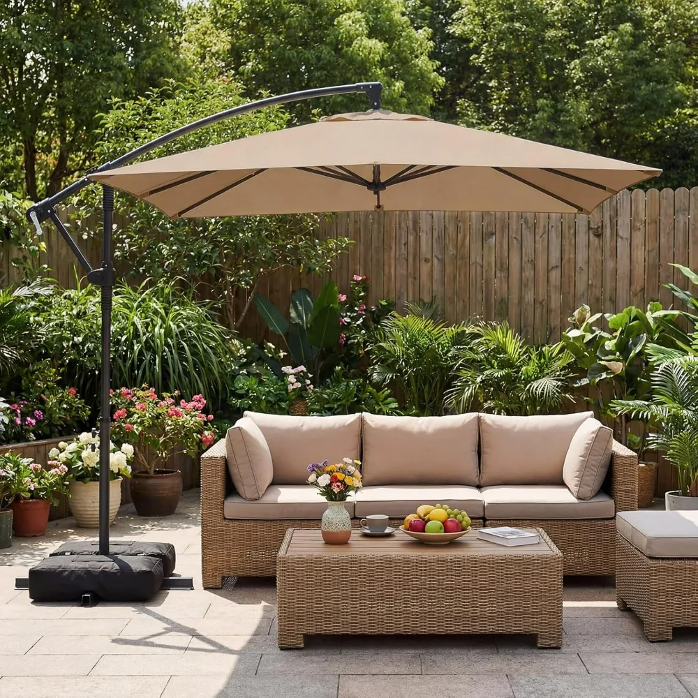 Tangkula 8FT Square Cantilever Offset Umbrella With Base Sandbags 360 Rotatable Crank 8 Ribs Outdoor Patio Sun Shade Pool Garden