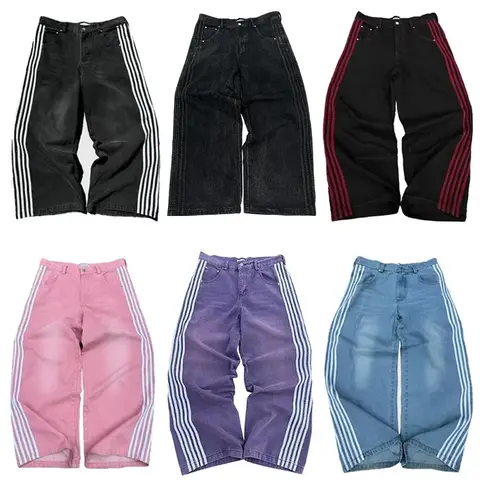 Y2K 헐렁한 청바지 하라주쿠 스트라이프 수 놓은 고품질 빈티지 streetwear 힙합 고스 남성 여성 와이드 캐주얼 레그 데님 바지