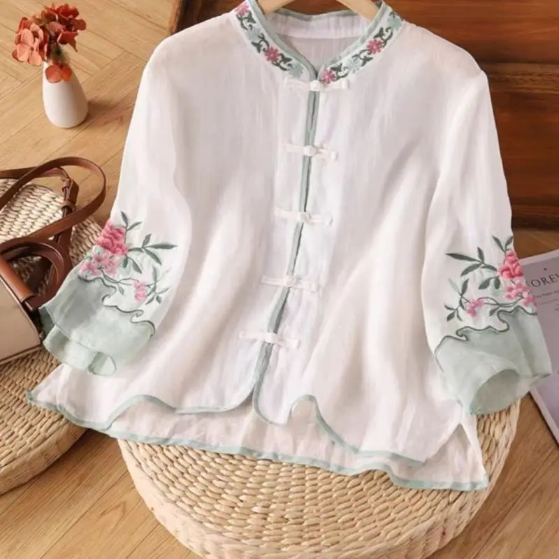 2024 Summer New Color Stand Collar Pan Button Embroidery Spliced Gauze 3/4 Sleeve Fashion Elegant Loose Women\'s Shirt Blouse