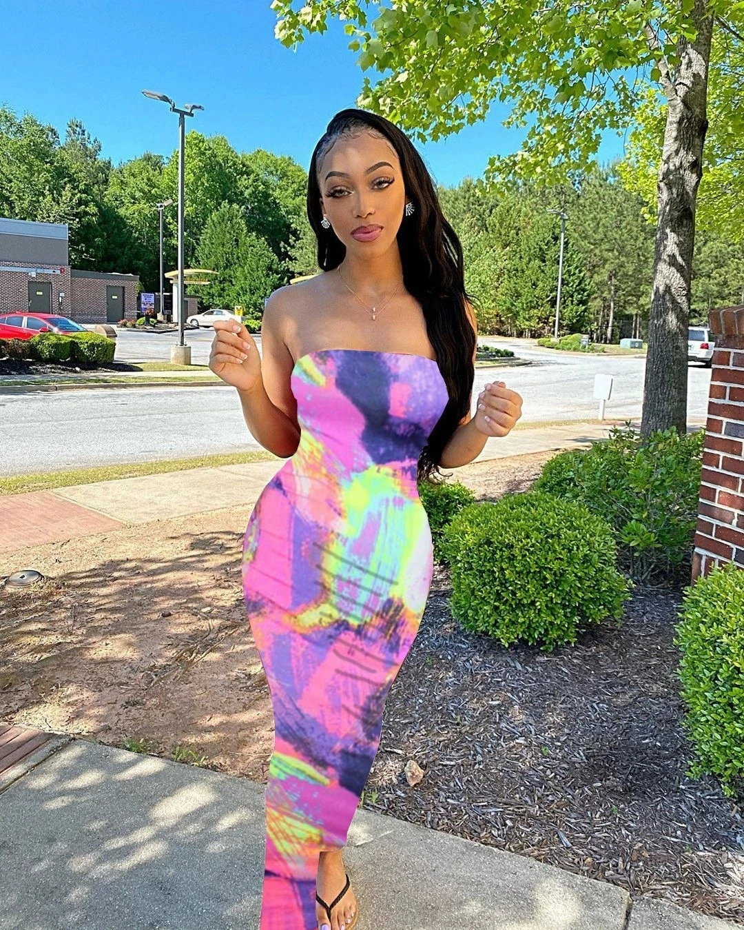 

Sexy V-neck Low Cut Slim Dresses Women Tie Dye Printed Leace-up Bodycon Party Dress Lady Fashion Temperament Streetwear Vestidos