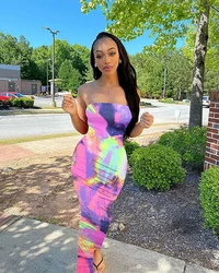 Sexy V-neck Low Cut Slim Dresses Women Tie Dye Printed Leace-up Bodycon Party Dress Lady Fashion Temperament Streetwear Vestidos