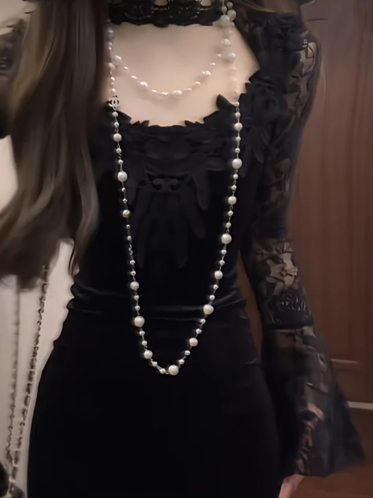 Elegant Gothic Lace Patchwork Dress For Women Summer Slim Fit Bodycon Dresses Y2k Aesthetic Fashion Black Vestidos Mujer