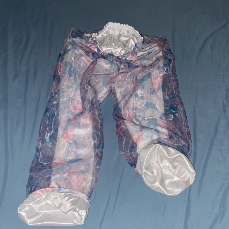 

Plus Size Men Glossy 2 Layers Voile Outside Ice Silk Inside Floral Print Silky Touch Pants Women Loose Sleeping Lantern Trousers