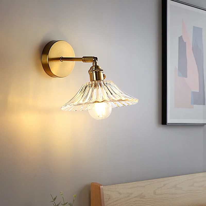 Nordic Bedside Wall Lamp American Retro Brass Glass Wall Lights Modern Minimalist Bathroom Mirror Headlight Wall Lights for Home