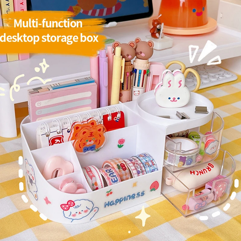 Creative Desktop Storage Box Plastic Drawer Kawaii Ins Cute Multifunction Office Student Pen Holder Organizer Box Large Capacity