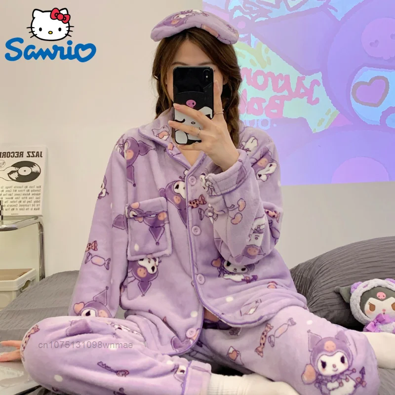 Sanrio Cinnamoroll Melody Kuromi Cotton 2 Pcs Pjs Women Autumn Winter New Pajamas Warm And Cute Cartoon Flannel Home Furry Set