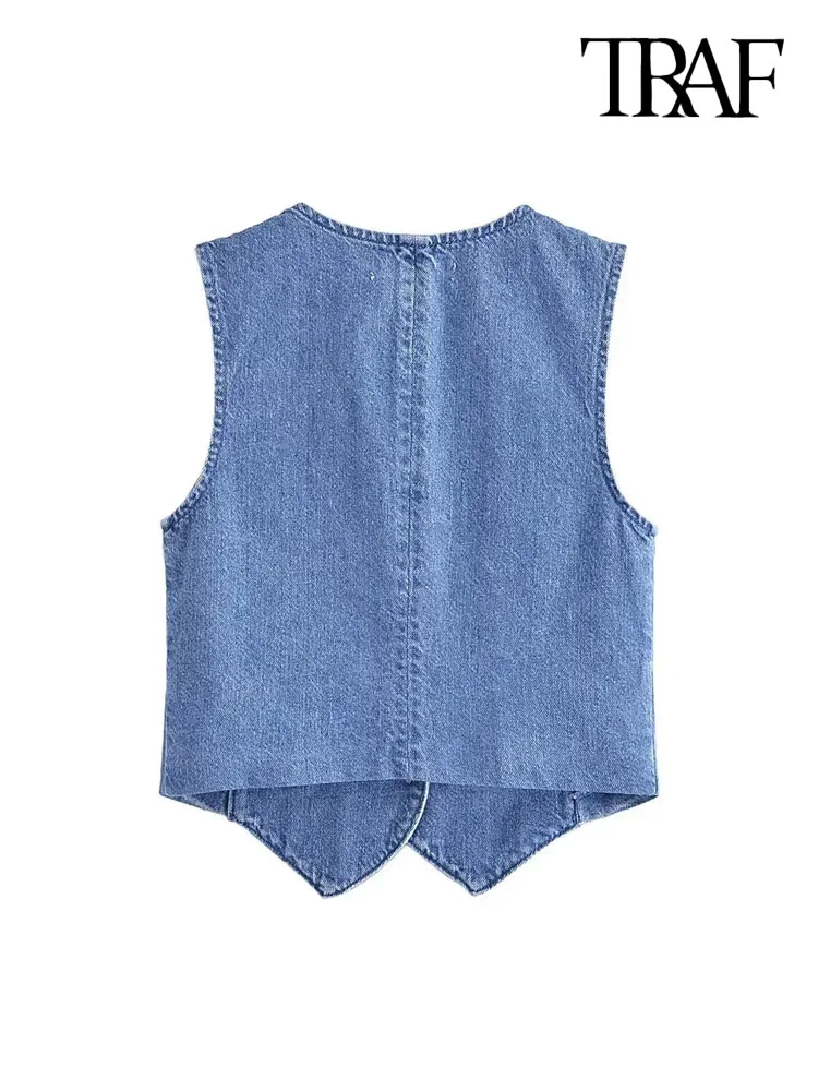 TRAF Women Fashion Front Button Denim Waistcoat Vintage V Neck Sleeveless Female Outerwear Chic Vest Tops