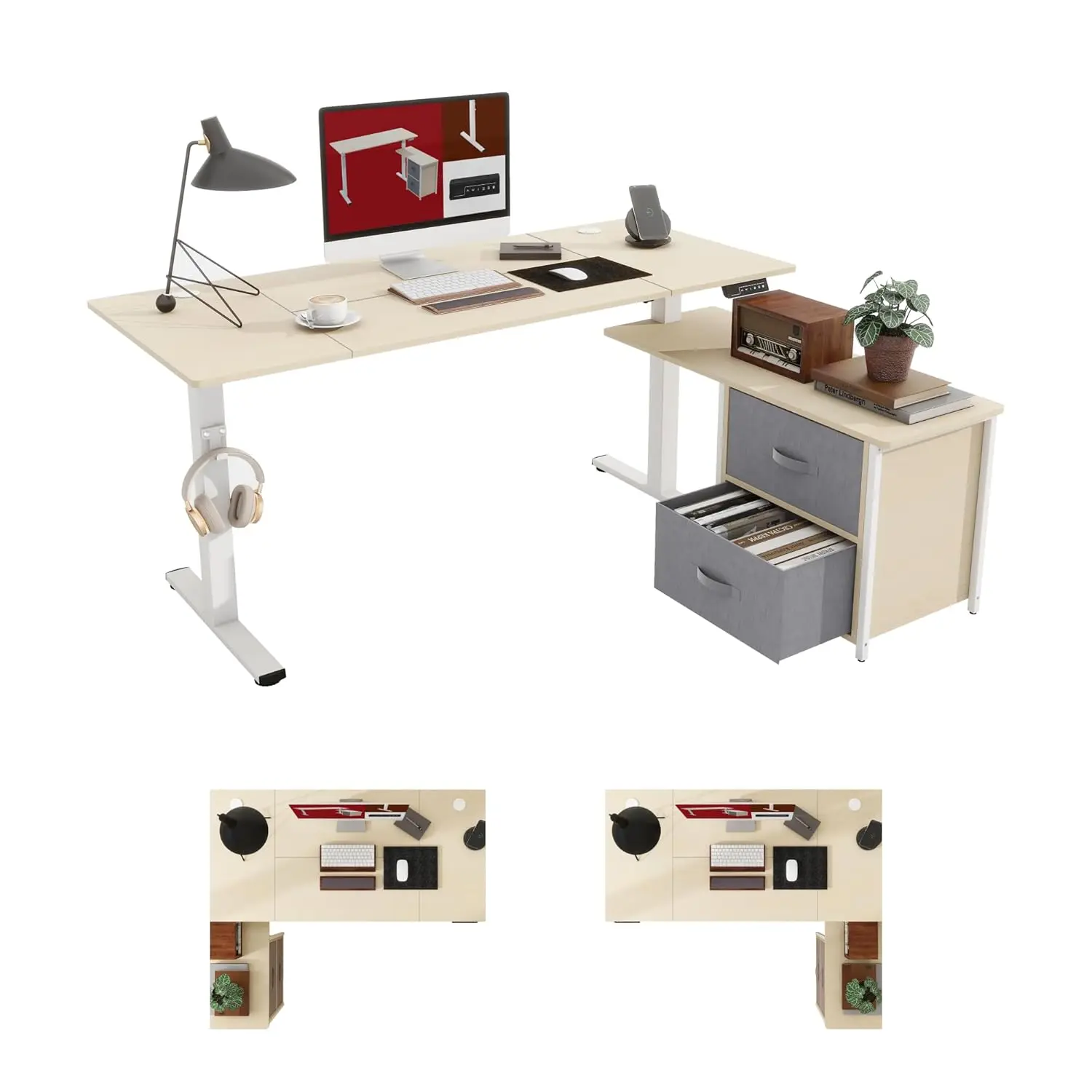 

Электрический регулируемый по высоте L-образный стол 63 дюйма с 2-секционным шкафчиком, USB-портами, полками, для домашнего офиса, белый/клен, на заказ