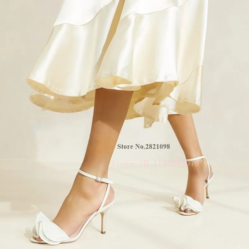 

White Satin Ruffle Stiletto Heeled Sandals Wedding Shoes Open Toe Ankle Strap Women Thin Heeled High Heels Summer Shoes