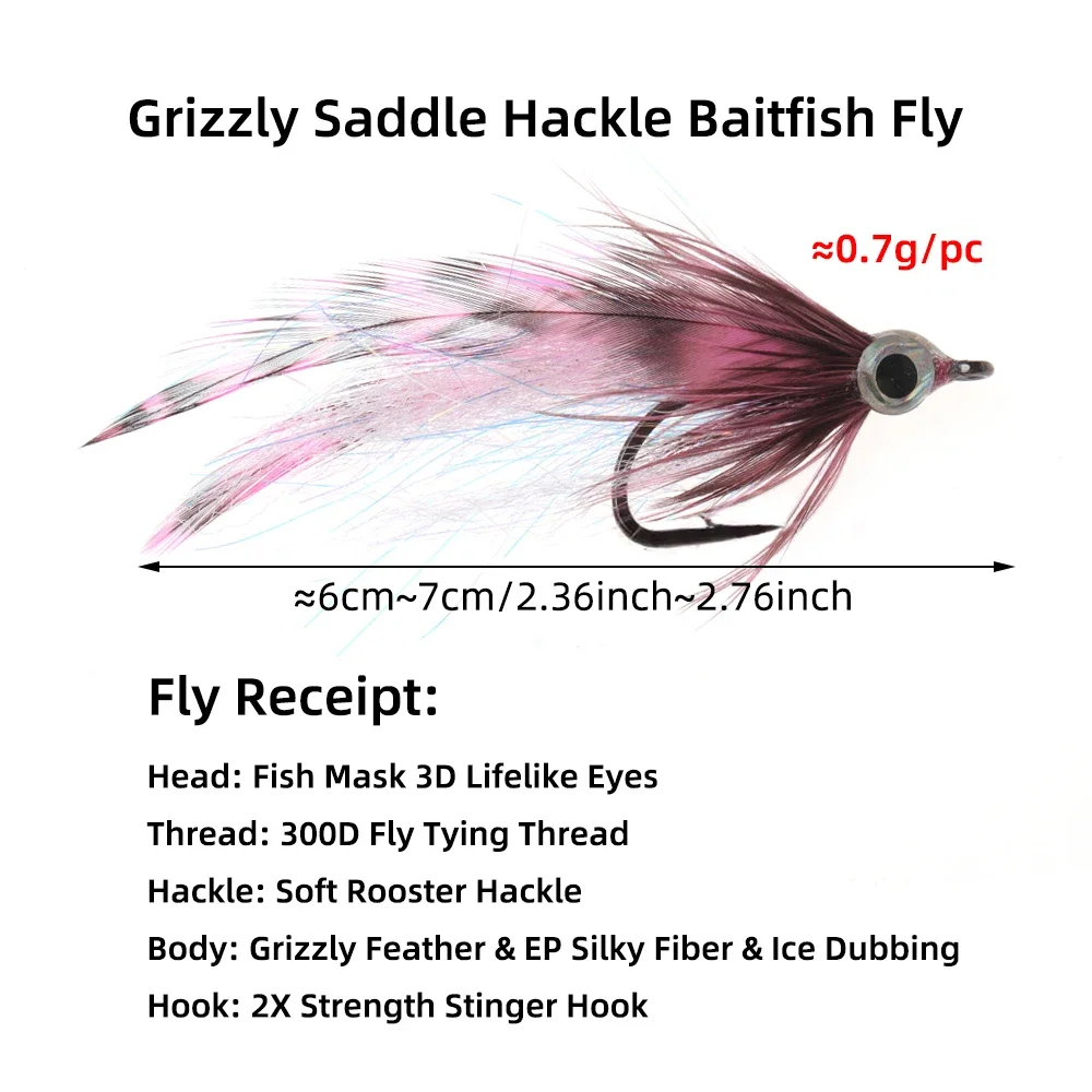 Ellllv 2PCS/4PCS 2.3″~2.7″ Length Grizzly Saddle Hackle 3D Eyes Baitfish Fly Small Saltwater Streamers Flies Fishing Lure Baits