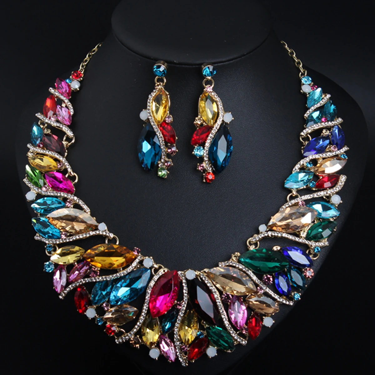 Fashion Crystal Gems Necklace Earrings Set for Women Attending Banquet Wedding Bridesmaid Exquisite Luxury Jewelry Accessories
