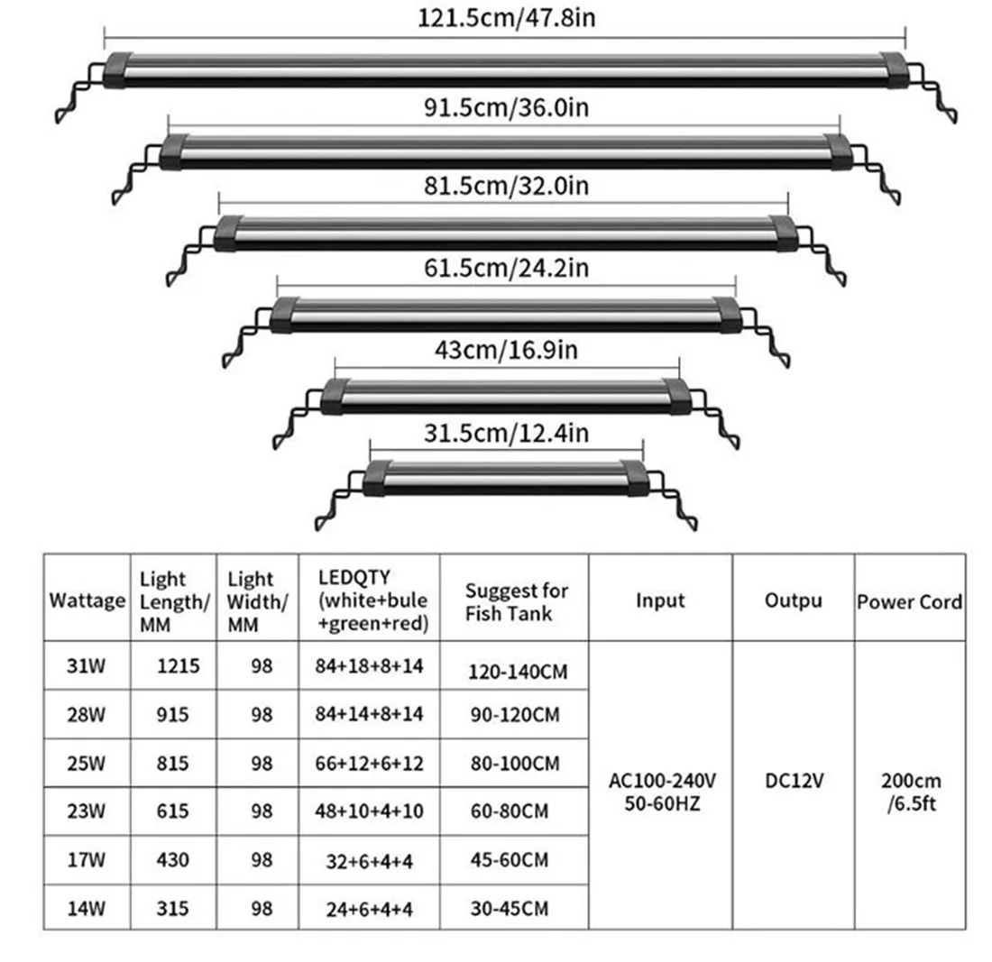 ブラケット付きブラック調整可能なマルチカラーLED水族館ライト、ホワイトブルーレッドグリーンLED付きフルスペクトルLED水槽ライト