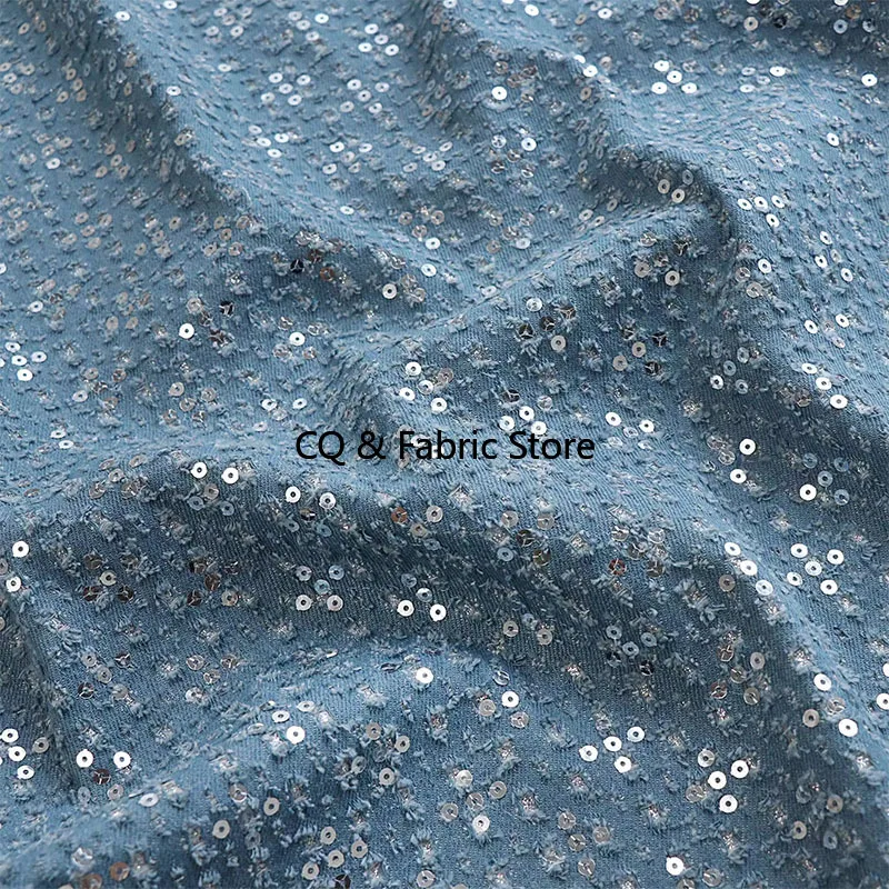 Tessuto denim lavato da donna, giacche alla moda con ricamo di paillettes in puro cotone, abiti, abbigliamento autunnale e invernale al metro