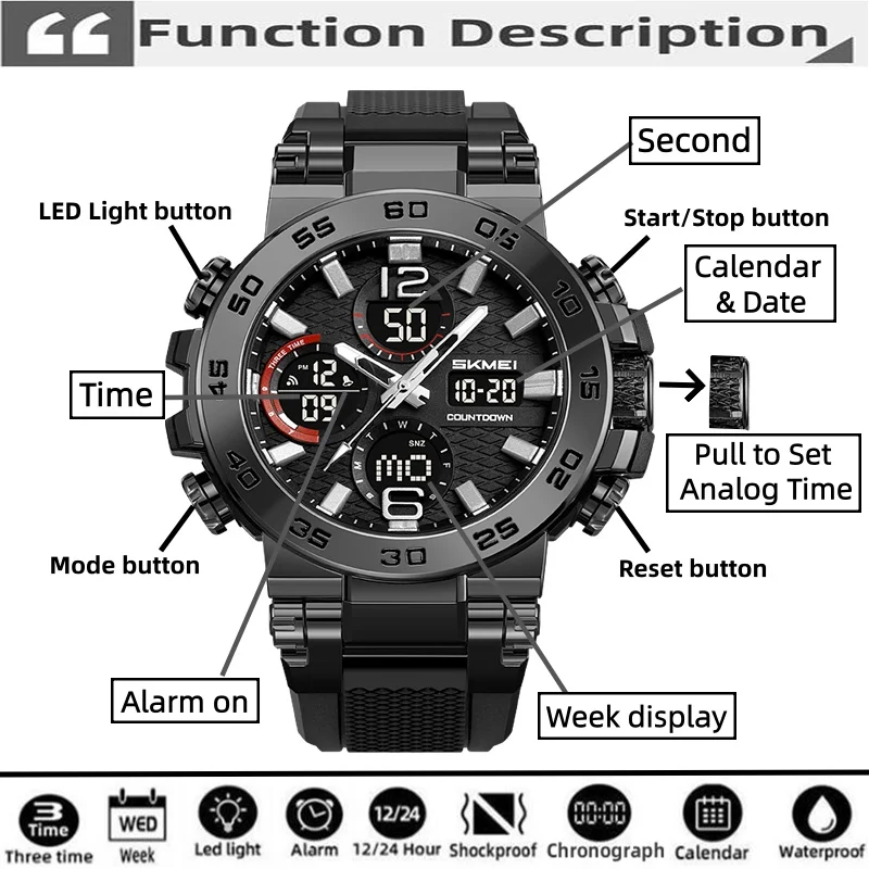 Skmei Big Dial Military Sports Watches with Date Week 50m Waterproof Swimming Alarm Clock Male Three Time Zones LED Chronograph