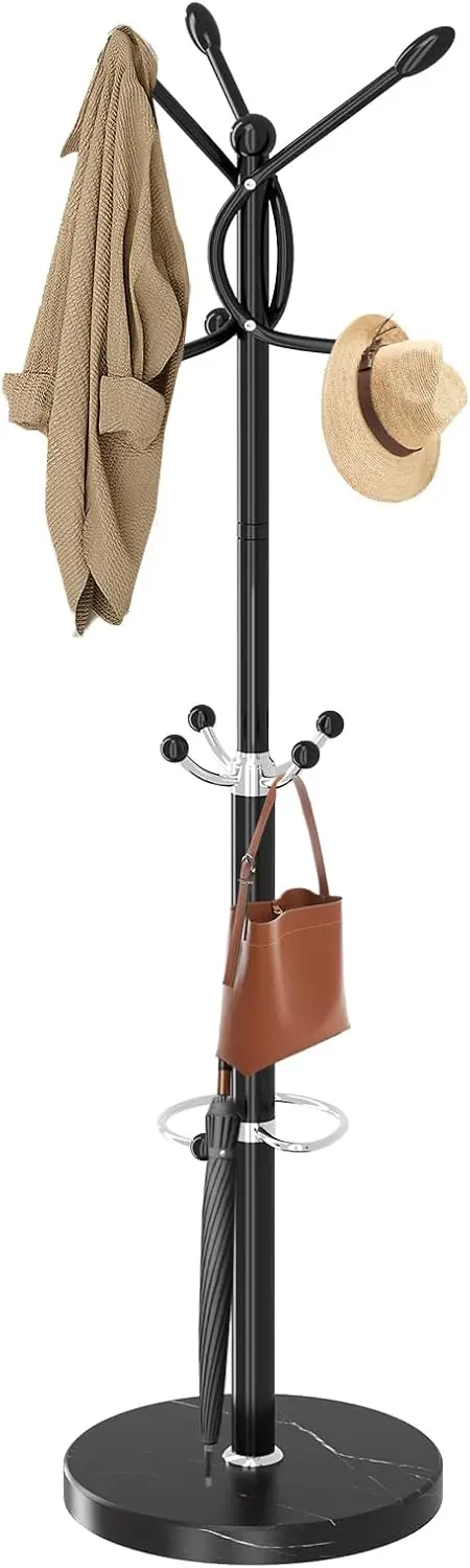 

Metal Coat Rack with Natural Marble Base, Coat Rack Stand with 12 Hooks & Umbrella Holder, Black Modern Freestanging Coa