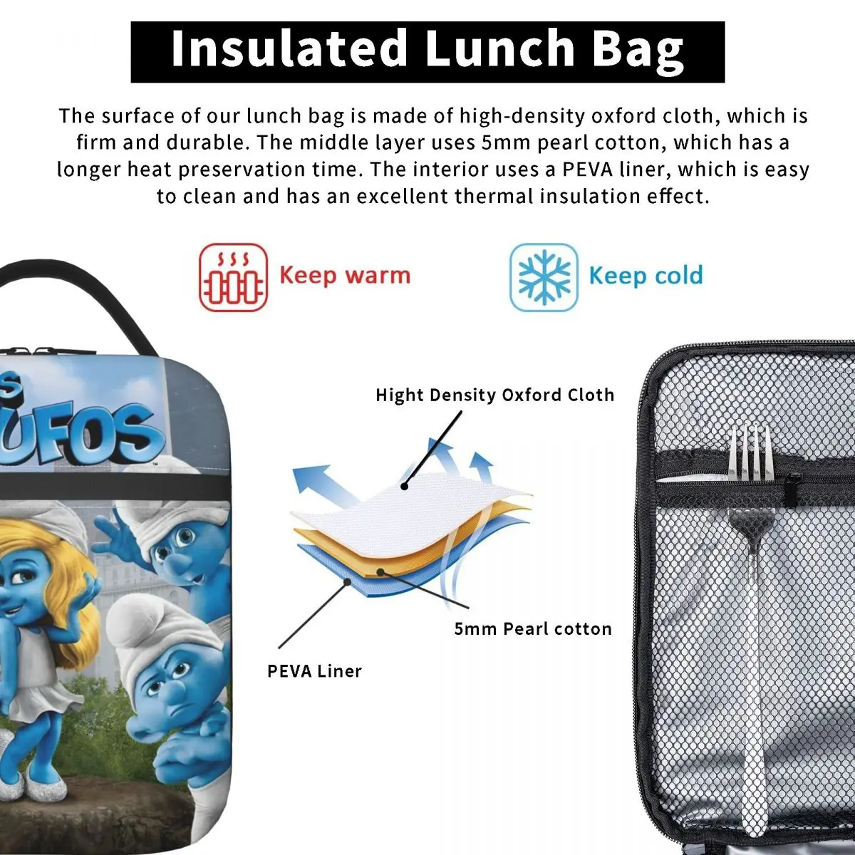 Los Pitufos Schtroumpf Anime Insulated Lunch Bag Portable Lunch Container Thermal Bag Tote Lunch Box College Food Storage Bags