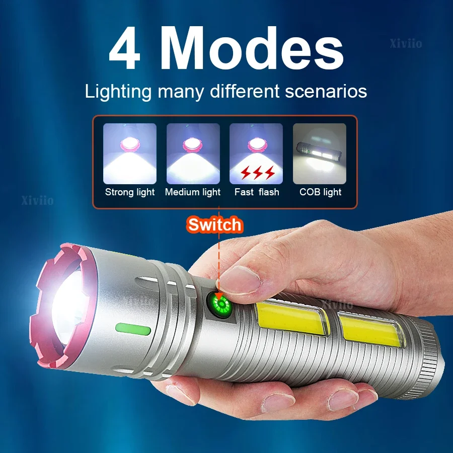 7200mAh Use 36h Ultra Powerful Flashlight Rechargeable Torch with COB Side Lights  Lighting 6000M Most Powerful LED Flashlight