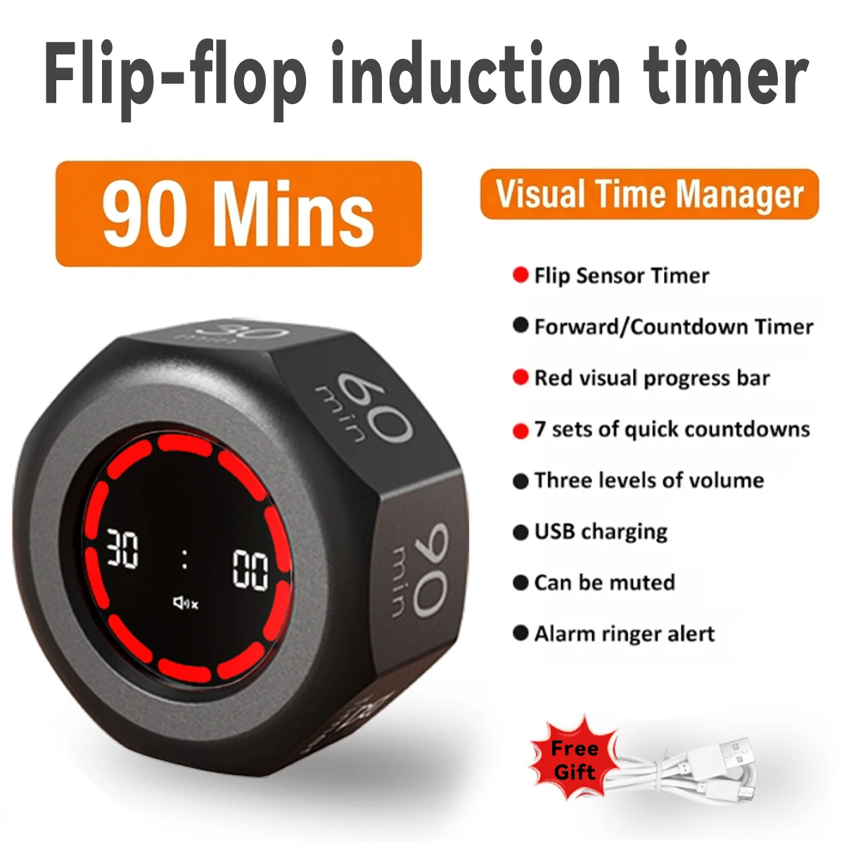 Mini Flip Timer Visual Timer Gravity Sensor Timer 90-Minute 7 Preset Time Management Gadget for Kitchen Study, USB Rechargeable