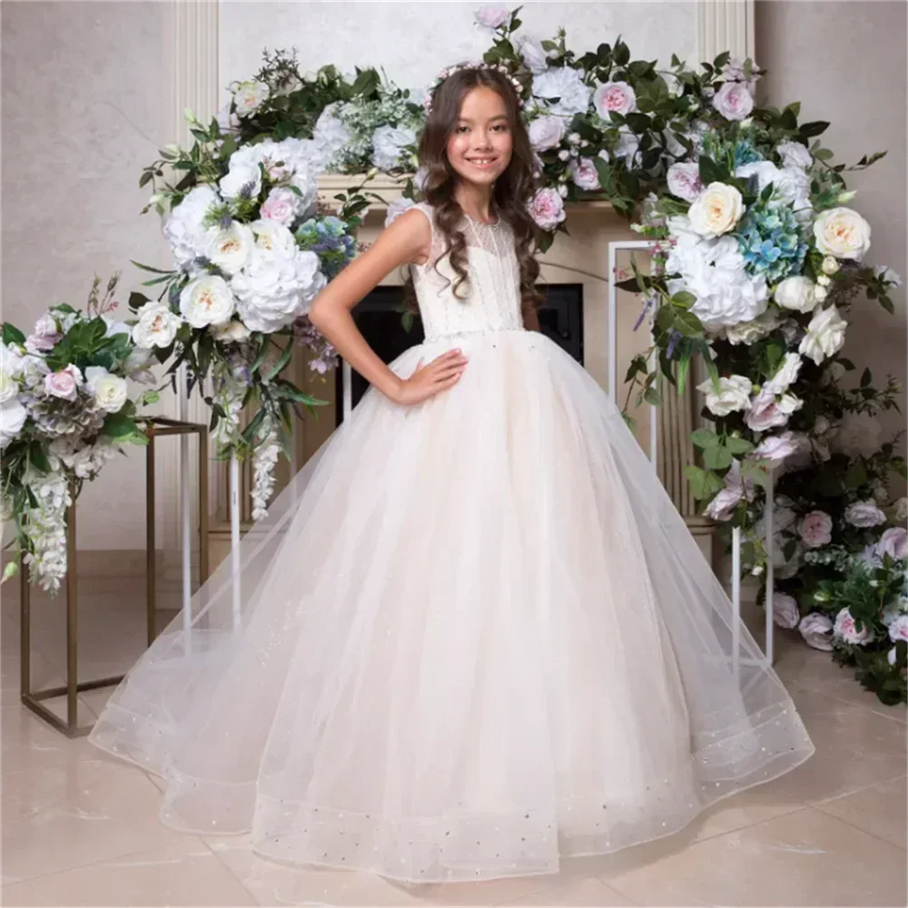 Flower Girl Dress Fluffy Tulle Beaded Sparkle Sleeveless Children Girl Wedding Birthday Party First Communion Holiday Gown