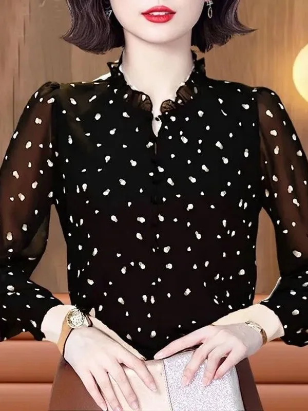 Elegant Long Sleeve Silk Screen Print Shirt Women's Loose Outerwear Fashionable Top Ladylike Commute Style round Neck