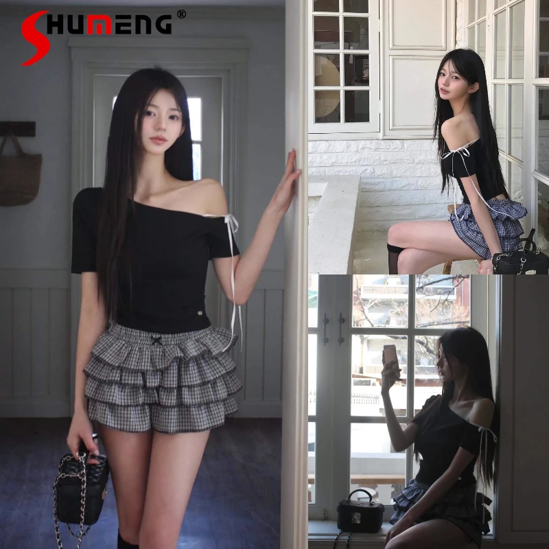 

Japanese Style Summer Off-Shoulder Ribbon Black Ballet Style Short Sleeves T-shirt Women's Plaid Asymmetrical Neck Pullover Tees