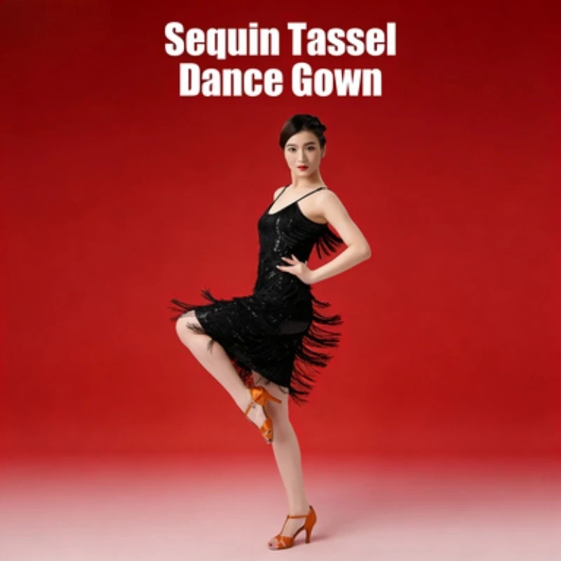 

Womens Latin Ballroom Dress Strapless Sequin Fringe V Neck Gown Dance Performance Competition Party
