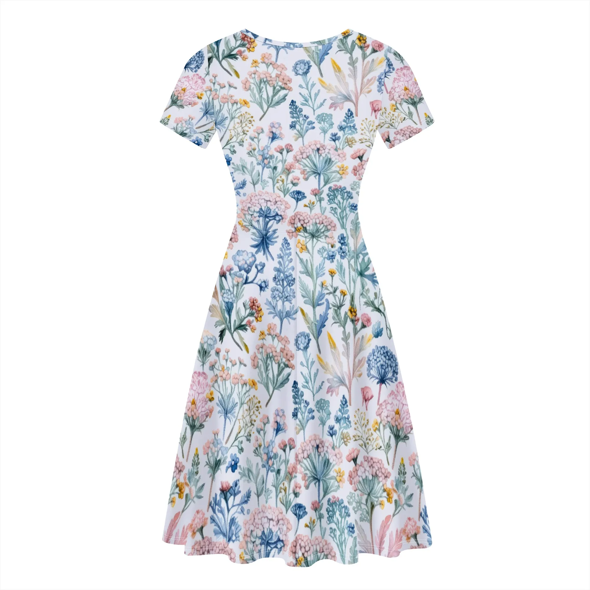 ชุดเดรสเสื้อยืดฤดูร้อนลําลองของผู้หญิงแขนสั้นชุดสวิงพร้อมกระเป๋า