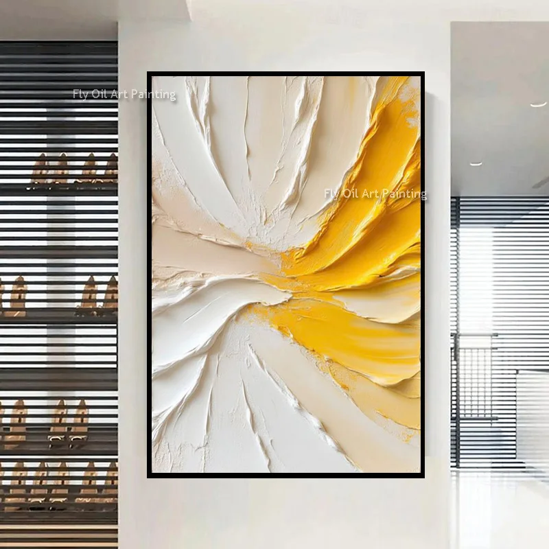 Hand Painted Impasto Abstract Swirl Oil Painting, White & Golden Thick Texture Canvas Wall Art, Modern Living Room Wall Decor