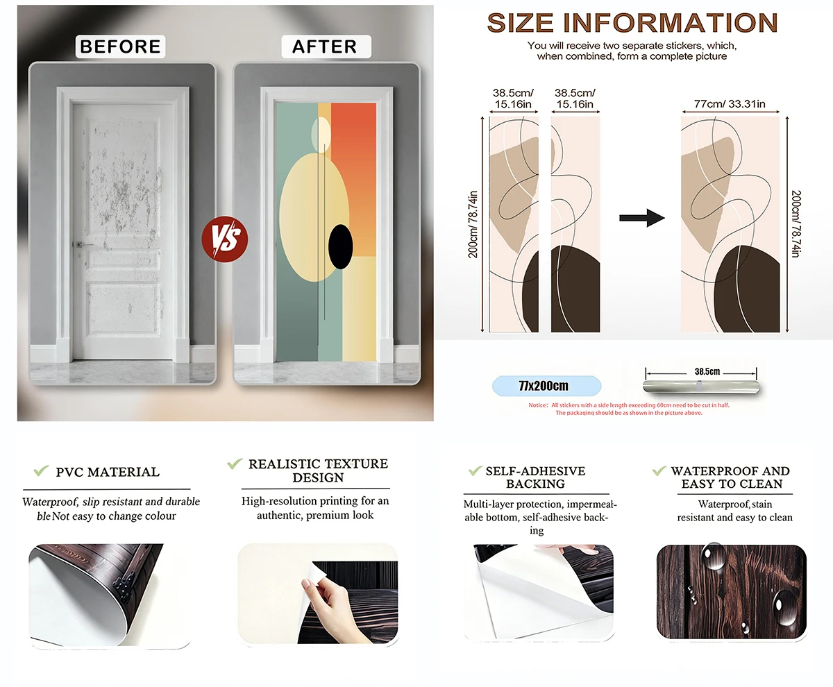 Neutral Watercolor Brush Abstract Door Sticker Peel & Stick Waterproof PVC Removable Door Mural