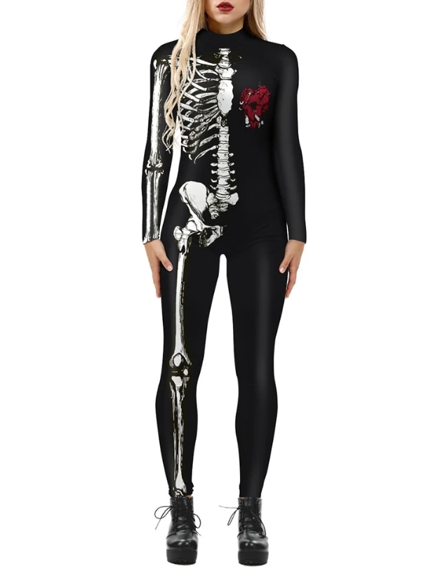 

2023 Woman Long Jumpsuits Elegant Halloween Colorful Skeleton Print Costume Jumpsuit New Fashion Casual One Pieces