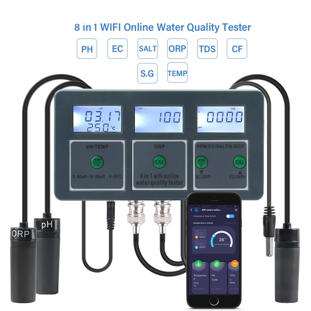 

WiFi 8 in 1 Digital PH/TEMP/ORP/PPM/EC/SALT/S.G/CF Water Quality Tester PH Test Meter laboratory Pool Water Tester