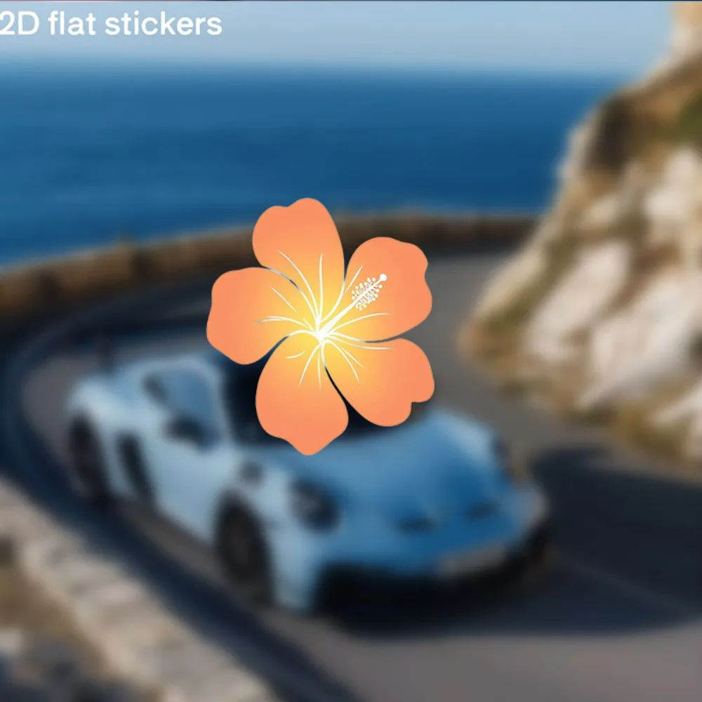 Vibrant Hibiscus Flower Sticker Glossy Self Adhesive Plastic Decal with Sparkling Orange & Yellow Floral Design Rectangular