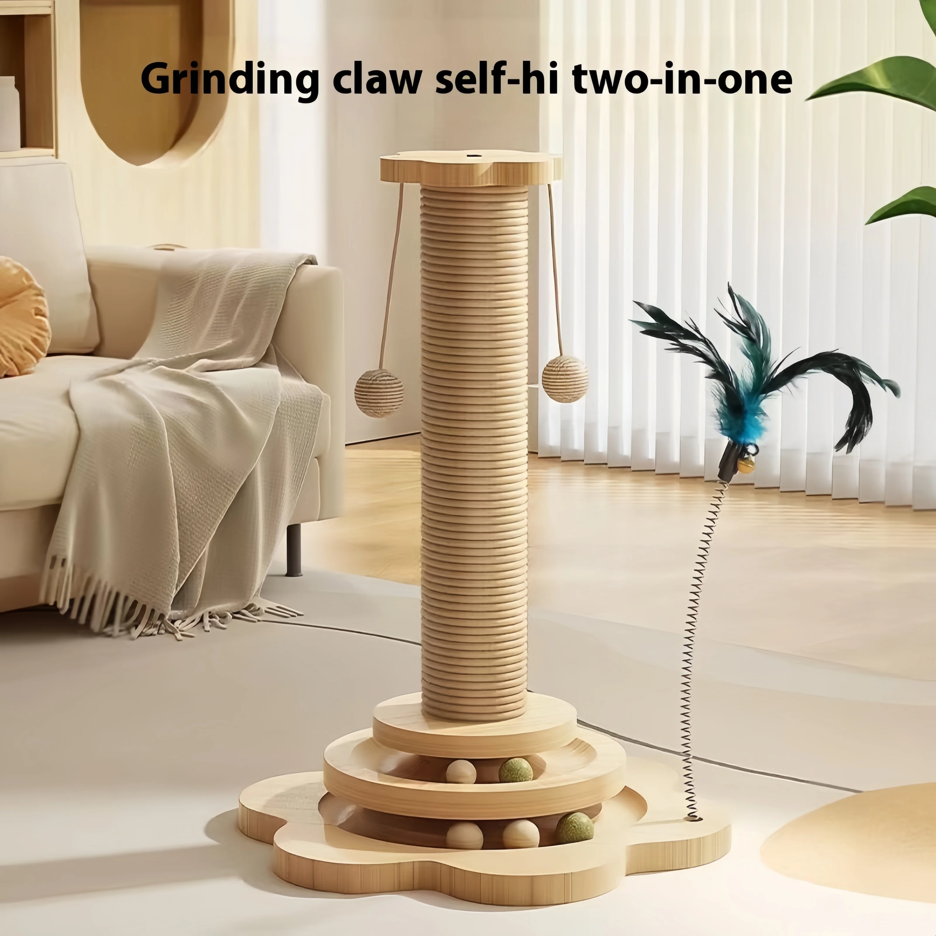 

Pet Cat Toy Solid Wood Cat Turntable Funny Cat Stick Balls Durable Sisal Scratching Board Cat Supplies Cat Grab Column