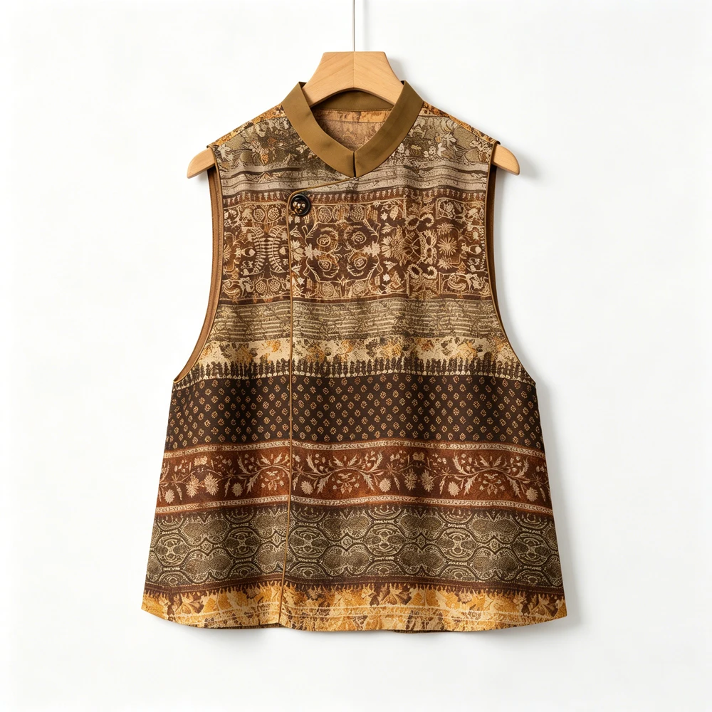 2026 Women's Fashion Summer New Versatile Stand Collar Wide Placket 100% Natural Mulberry Silk Printed Horse Clip