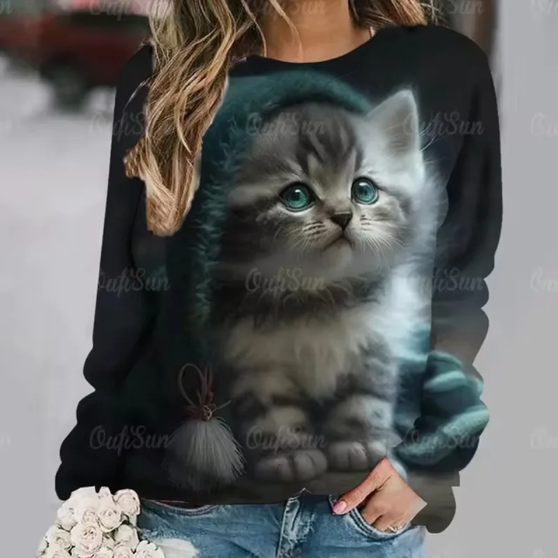 Women Clothing Cute Cat Print Fashion Women\'s Long Sleeves T-shirts Fall Casual Cotton Pullover Loose Female Tops Streetwear