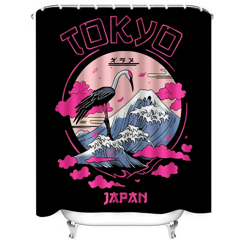 

Стильная занавеска для душа Tokyo-Themed: кран на волне, фон Mount Fuji, модный розовый и черный, японский декор для ванной комнаты Flair