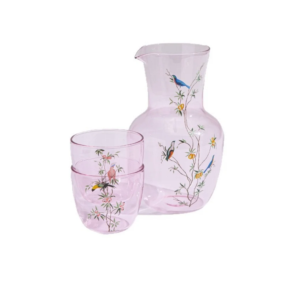 Bedside Water Carafe and Glass Set,Kingfisher Pattern Water Pitcher with 2 Cup for Nightstand Home Decor