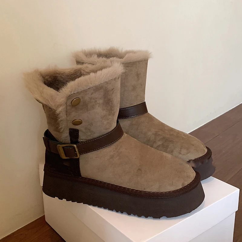 Nowe Śniegowce Damskie Platformy Pluszowe Buty Płaskie Sneakersy 2025 Zimowe Ciepłe Botki Chelsea Casualowe Buty Sportowe Wygodne Mujer Botas