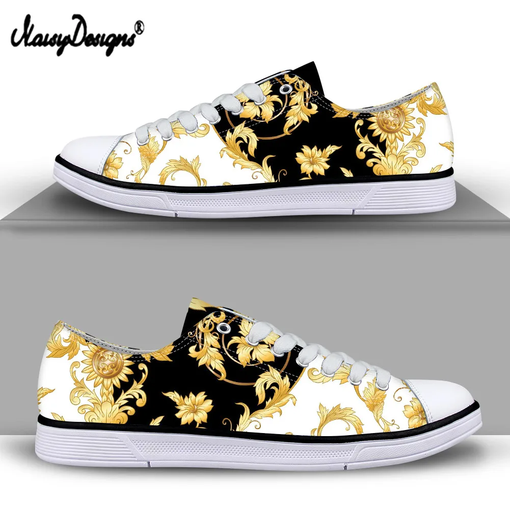 Noisydesigns Women Shoes 2021 Fashion  European Style Baroque Golden Floral Prints Summer Casual White Canvas Breath Sneakers