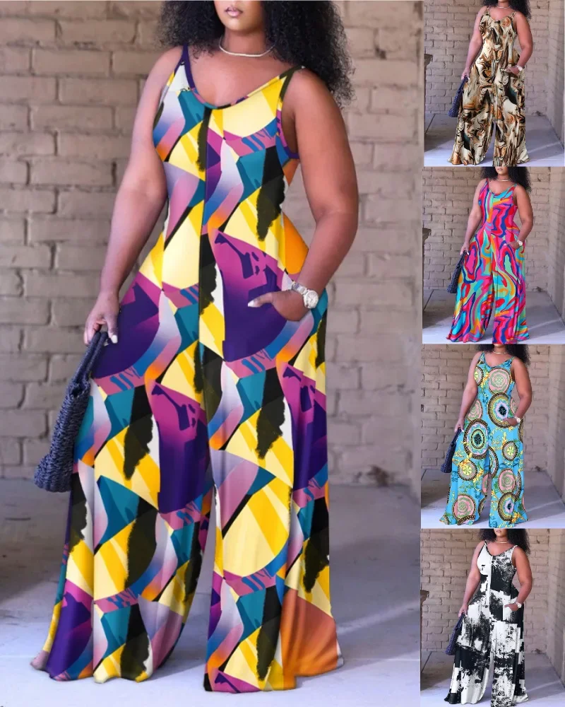 Clubwear Playsuit Rompers Loose Sexy Jumpsuit Large Size Jumpsuits for Women Off Shoulder Printed Suspenders Sleeveless Jumpsuit