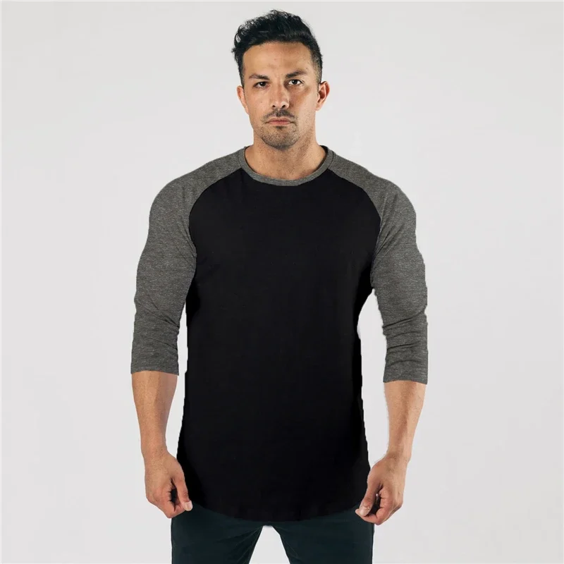 Muscleguys Autumn Fashion Three Quarter Sleeve Fitness T-shirt Men Solid Patchwork O-neck Gym T shirts Male Slim Fit Tee Shirts