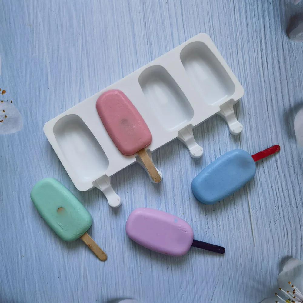 4 cavity Ellipse Shaped Silicone Ice Cream Mold DIY Homemade Popsicle Moulds Freezer Cell Ice Cube Tray Popsicle Barrel Maker