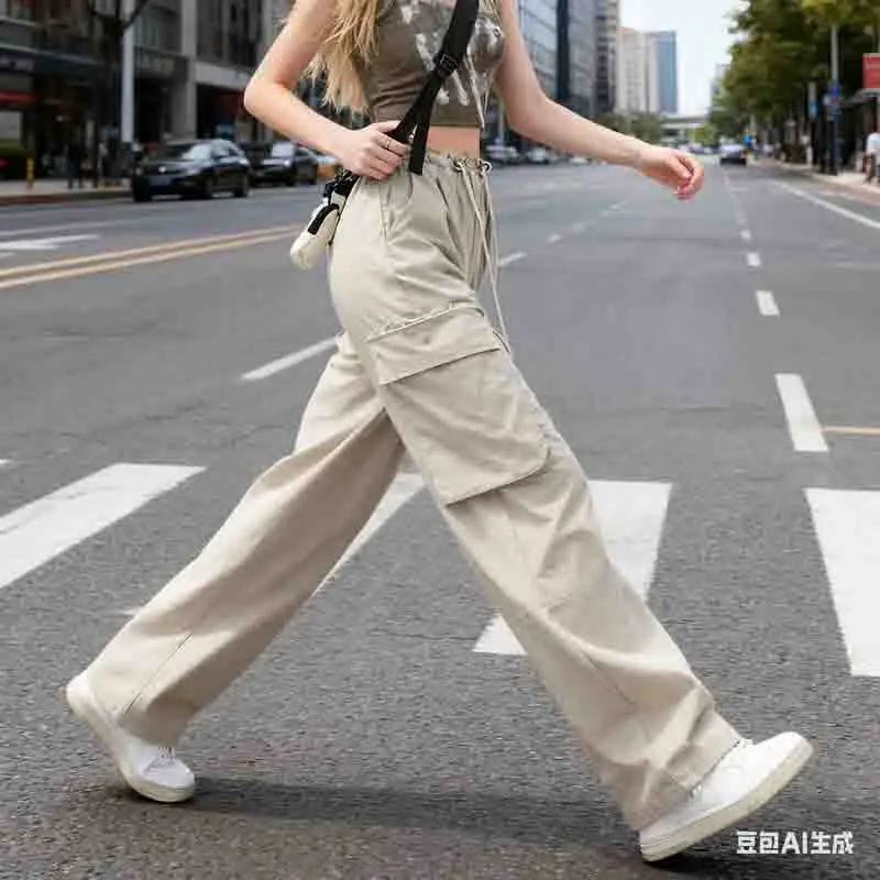 

Брюки-карго женские трапециевидные летние полиэстеровые широкие брюки милые крутые городские быстросохнущие впитывающие влагу для городских прогулок красивый социальный винтаж